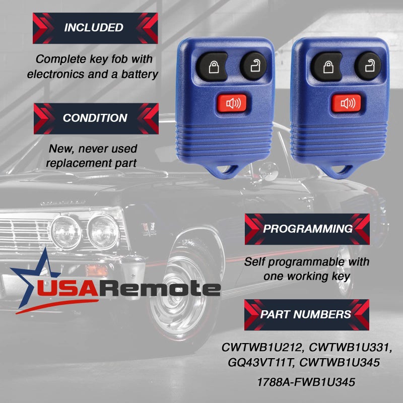 USARemote Key Fob Keyless Entry Remote fits Ford, Lincoln, Mercury, Mazda F150 F250 F350 Escape Expedition Explorer Ranger Flex (Blue), Set of 2 - Image 3